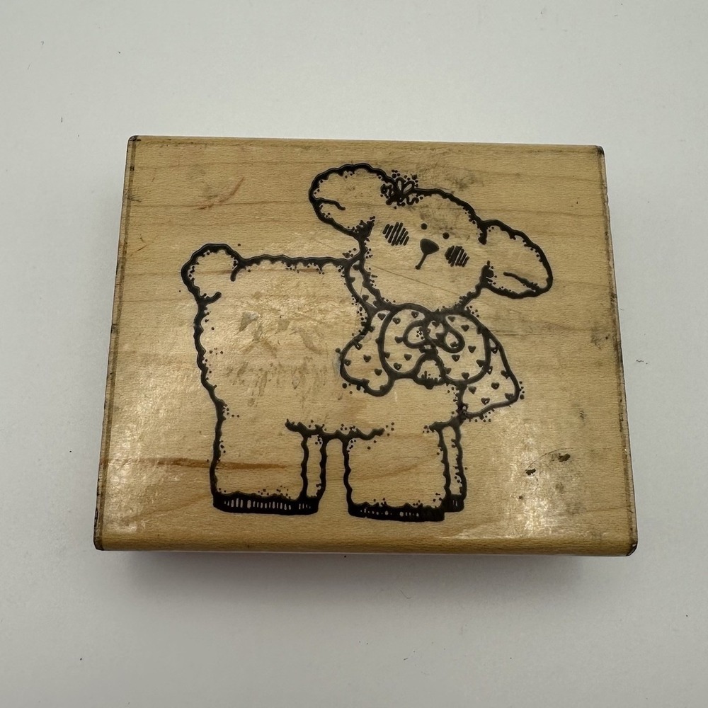 DOTS Sm Lenny Lamb Sheep N186 Farm Primitive Wood Mount Rubber Stamp Vintage 90s